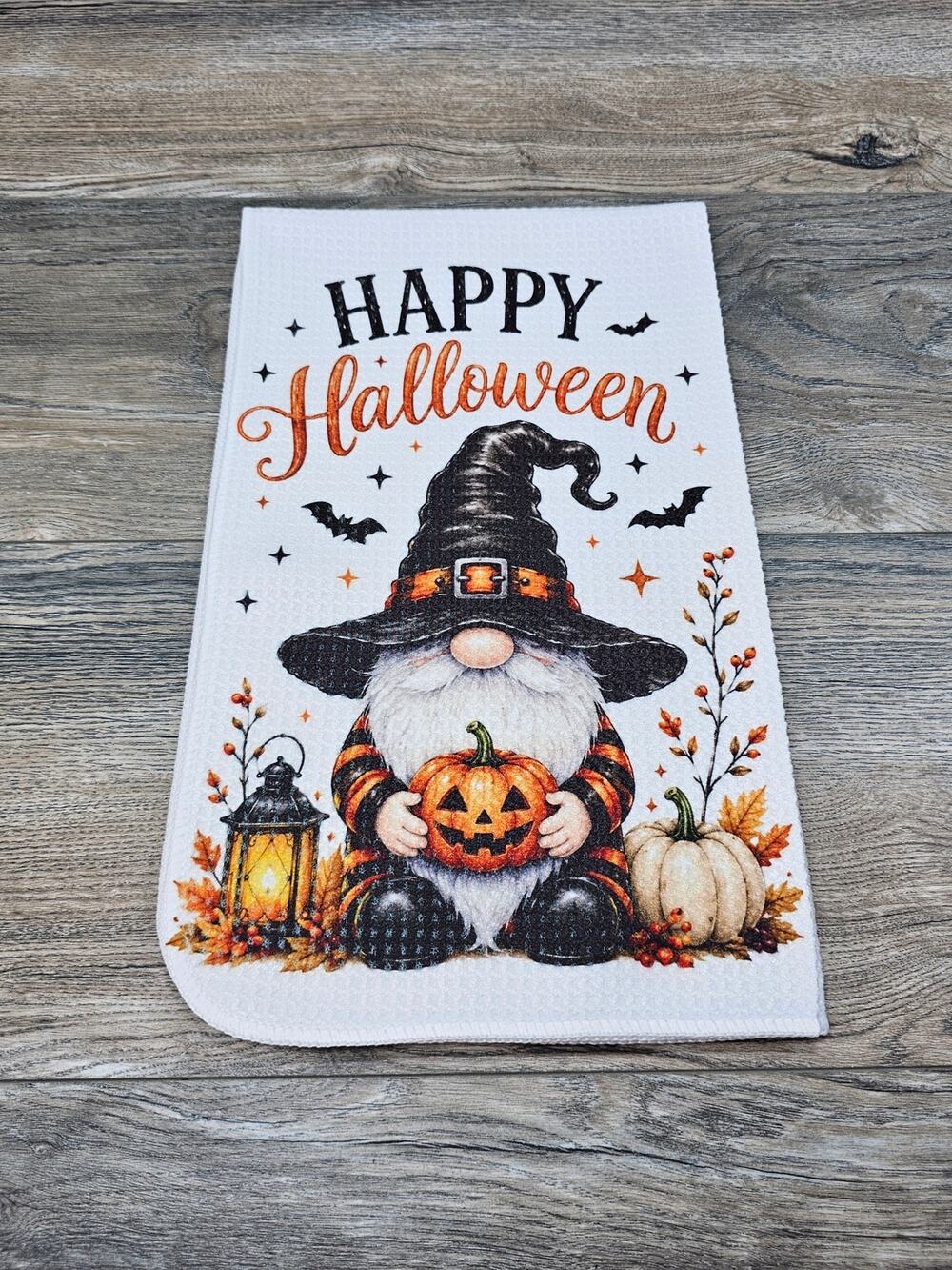 Happy Halloween Gnome Kitchen Towel Pumpkin Fall Farmhouse Decor